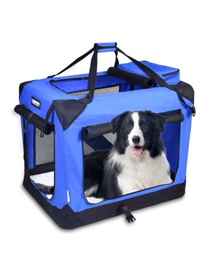 Blue - JESPET Soft Pet Crates Kennel, 3 Door Soft Sided Folding Travel Pet Carrier with Straps and Fleece Mat for Dogs, Cats, Rabbits, Indoor/Outdoor Use with Grey, Blue & Beige, Black - 30"L x 21"W x 23"H