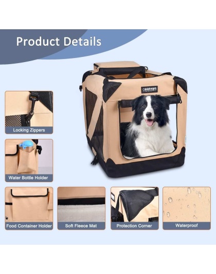 Beige - JESPET Soft Pet Crates Kennel, 3 Door Soft Sided Folding Travel Pet Carrier with Straps and Fleece Mat for Dogs, Cats, Rabbits, Indoor/Outdoor Use with Grey, Blue & Beige, Black - 30"L x 21"W x 23"H