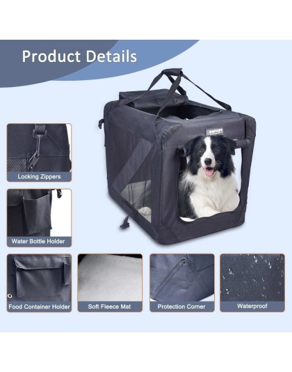 Black - JESPET Soft Pet Crates Kennel, 3 Door Soft Sided Folding Travel Pet Carrier with Straps and Fleece Mat for Dogs, Cats, Rabbits, Indoor/Outdoor Use with Grey, Blue & Beige, Black - 30"L x 21"W x 23"H
