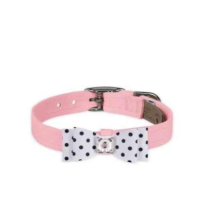 Puppy Pink/Black & White Polka Dot  - Susan Lanci Designs Black & White Polka Dot Big Bow Collar - Small