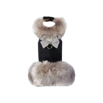 Black - Susan Lanci Designs Platinum Glitzerati Nouveau Bow Silver Fox Faux Fur Coat - Small