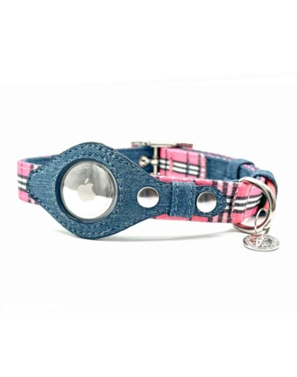Pink Plaid & Denim - Apple Airtag Collar - Small