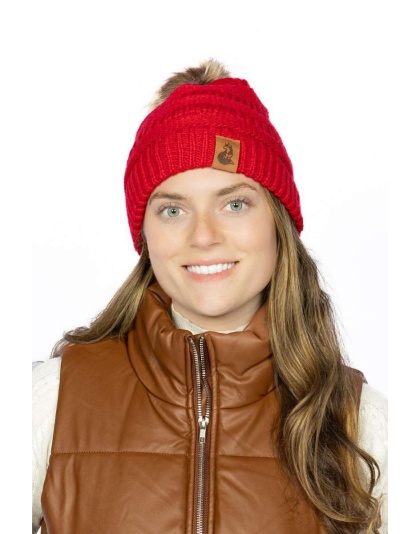 Scarlet Ribbed Beanie with Pom