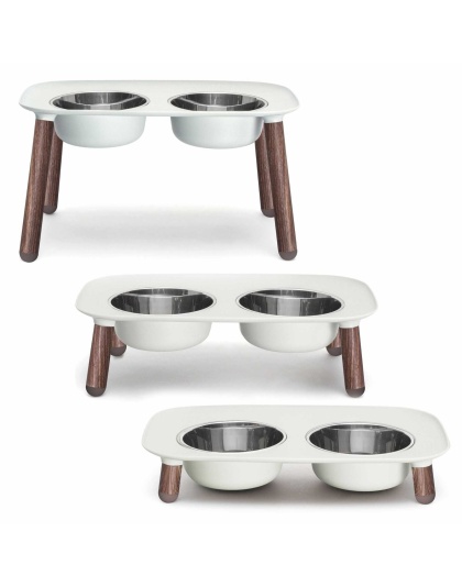 Grey Wood - Messy Mutts Adjustable Elevated Double Feeder with Stainless Bowls  - 6 Cups